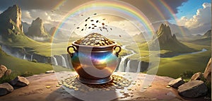 Illustrative depiction of a pot filled with gold coins at the end of the rainbow, the legend of the gold at the end of the rainbow