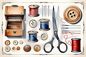 A collection of sewing essentials arranged in a decorative artistic display