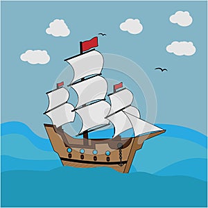 Illustrative design of a pirate ship shape in the ocean