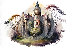 Illustrative drawing of an abandoned castle. Watercolor style painting with white edges.
