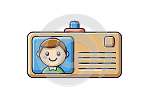 Illustrative ID badge icon featuring a smiling face and text details, ideal for concepts like identity and authorization photo