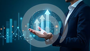 Hyper-realistic image of a businessman with growth symbols and digital elements