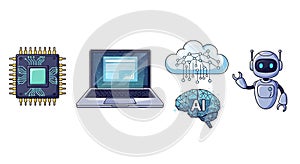 Artificial intelligence concept with cloud computing, brain, robot and computer chip