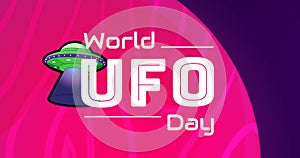 Illustrative image of world ufo day text with ufo on pink and violet background, copy space