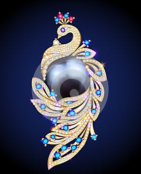 jewelry brooch peacock made of gold with precious stones