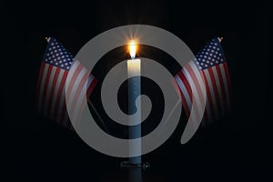 Illustrative Tragedy USA war. Candles flag background. USA Pray for America