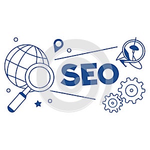 Search engine optimization concept with globe, magnifying glass, target, gears
