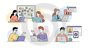 Remote Workers Collaboration Diverse Team in Online Meeting with Digital Tools Remote Communication Vector Art