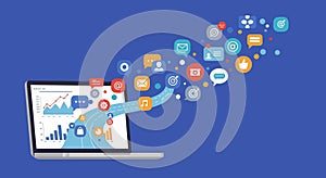 Digital Marketing and Social Media Data Flow from Laptop