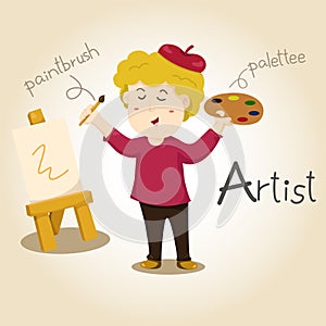 Illustrator of Artist alphabet Profession. Letter A