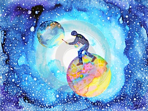 Illustrator artist man painting world moon universe abstract