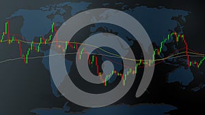 Illustrator candlestick and moving average line of stocks chart on world map and dark blue background