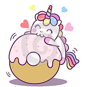 Illustrator of Cute Unicorn vector donut cake Happy birthday card, Kawaii pony cartoon, Doodle, Nursery decoration