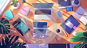Illustrator flyers with cartoon flat lay of creative artist workplace with laptop, graphic tablet, notebook, and mobile