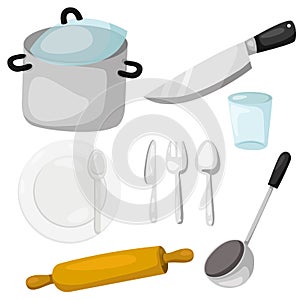 Illustrator of kitchenware with crockery and kitchen