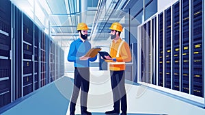 illustrator of A network engineer at a data center site, operate in server room