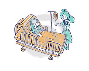 Illustrator of patient and doctor in hospital or clinic doodle