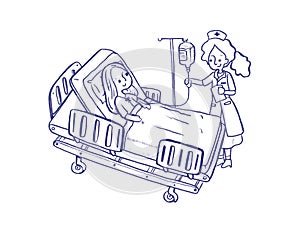 Illustrator of patient and doctor in hospital or clinic doodle