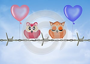 Illustrazione of owls on barbed wire photo