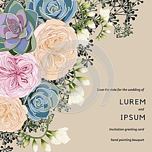 Illusutation template for wedding invitation english roses, freesia, succulents and plants. Invitation card, thanks, rsvp, menu,