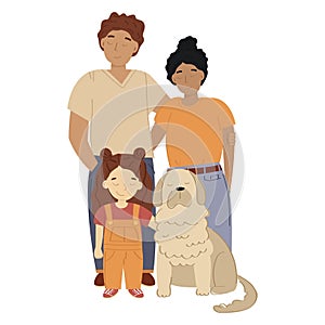 An illutration of a happy family with dog