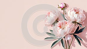 Illutration of spring peones flowers on pink background top view in flat lay style. Greeting card for Womens, Mothers Day, wedding