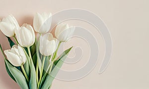 Illutration of white spring tulip flowers on paper background top view. Greeting card for Mothers Day invitation. Generative AI