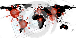 Illutration of a world map showing corona virus hotspots in the USA, Brazil, India, Europe and russia with a medical protection