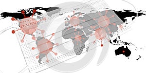 Illutration of a world map showing corona virus hotspots in the USA, Brazil, India, Europe and russia with a medical protection