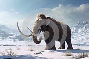 An ilration of a woolly mammoth migrating across a snowcovered landscape.. AI generation