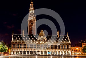 Iluminated University Library at night in Leuven, Belgium