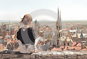 IlustraciÃ³n de anime de chica observando la ciudad photo