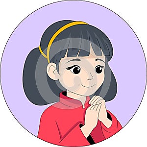 ilustrasi doodle cartoon, maskot gadis china berambut pendek dalam bilngkai lingkaran photo