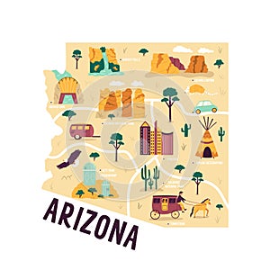 Ilustrated map of Arizona state, USA, with famous landmarks, cities