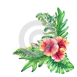 Ilustration of a bouquet with yellow-pink hibiscus flowers and tropical plants.