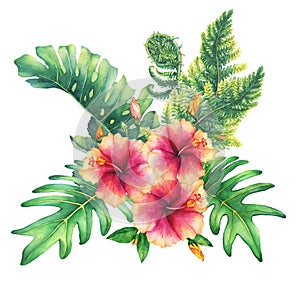 Ilustration of a bouquet with yellow-pink hibiscus flowers and tropical plants.