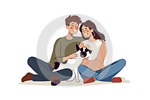 Ilustration Happy cozy loving couple hug doggy spend time together