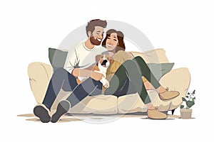 Ilustration Happy cozy loving couple hug doggy spend time together