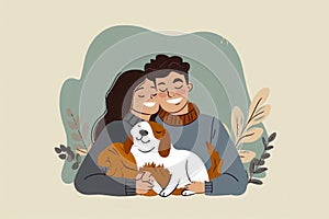 Ilustration Happy cozy loving couple hug doggy spend time together