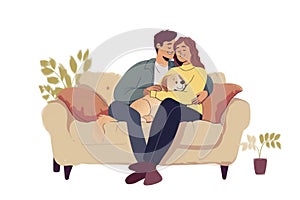 Ilustration Happy cozy loving couple hug doggy spend time together