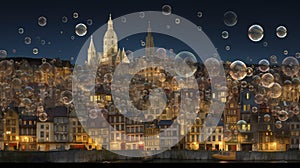 Ilustration of a magical coast old town with bubbles