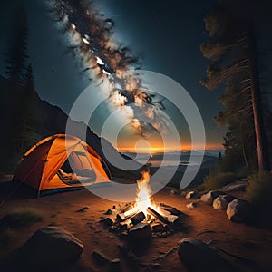 ilustration of Mystical night landscape, in the foreground hike, campfire and tent - generated by ai