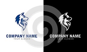 Ilustration vector graphic of Wolf logo in black and white background. Vector design