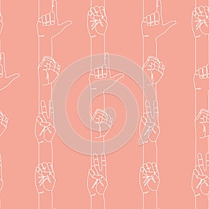 ILY sign, love in american sign language. Seamless pattern on pink background. One line continuous art