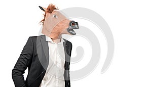 Im hardworking professional. Hardworking guy isolated on white. Man in horse head and suit