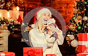 Im waiting. last preparation. Christmas time. cheerful girl red santa hat. happy woman love presents. Winter shopping