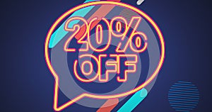 Image of 20 percent off text over a speech bubble against abstract shapes on blue background