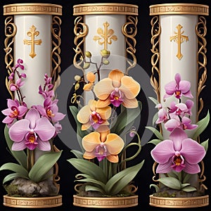 image of 3 colorful orchid flowers in vertical frame column with Nordic art.
