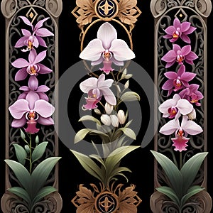 image of 3 colorful orchid flowers in vertical frame column with Nordic art.