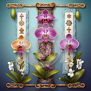 image of 3 colorful orchid flowers in vertical frame column with Nordic art.